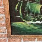 Vintage Painting On Velvet Of A Moonlight Ship At Sea Antique Green Groovy Boho 