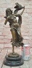 Art Deco Bronze Girl Flower Sculpture Cesaro Marble Base Fine Art Statue