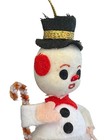 Cute Vintage Mini Flocked White Snowman Candy Cane Christmas Ornament