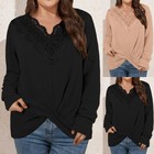 Plus Size Women Solid V-neck Tops Casual Loose Blouse Long Sleeve Shirt Pullover