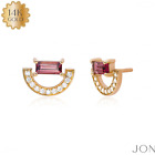 14k Gold Diamond And Pink Tourmaline Gemstone Art Deco Style Arc Stud Earrings
