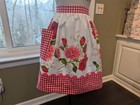 Kitchen Apron W pocket Hm  red Roses-pink Dalias  Vtg usa Tb  red Checkers Trims