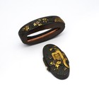 Japan Anitique Shakudo Ox Cart Fuchi Kashira Sword Katana Armor