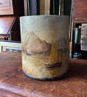 Antique Hand Painted Folk Art Wastebasket Coastal Steamship 19th C  Oil Painting