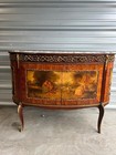 Antique French Louis Xv Style Hand Painted Marble Top Demi-lune Cabinet
