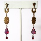 Pair Of Antique Brass Screw Back Earrings With Opalescent Red Crystal Stones