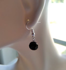 Jet Black Faceted Glass Crystal Bead Drop Earrings Handmade Silver Tone Simple 