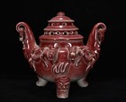 7 1  Chinese Antique Porcelain Ming Dynasty Red Beast Double Ear Incense Burner