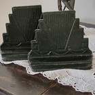 Antique Art Deco Skyscraper Cast Iron Pair Bookends Green Crackle Finish Heavy