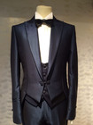 Black Satin Men Suits With Tail Prom Tuxedo Peak Lapel Formal Wear Wedding Groom