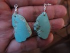 Native American Genuine Turquoise Slab Dangle Sterling Wire Hook Earrings