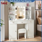 White Vanity Table Set W  Led Mirror And Stool Makeup Desk With 3 Drawers