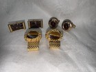 Lot Of 3 Sets Vintage Cufflinks Gold Tone Red Stones  Tigers Eye Wrap Mesh Links