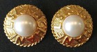 Vintage Chanel Faux Pearl Gold Tone Chanel Paris Logo Clip-on Earrings
