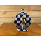 Vintage Cobalt Blue Checkerboard Rose Decorative Teapot Gold Trim 9 5in