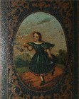 Antique Vtg 19th C 1840s Paper Mache Snuff Box W girl Blue Dress Portrait On Lid