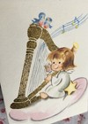 Vintage Unused Mid Century Christmas Card Cute Little Girl Angel Playing Harp