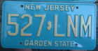 New Jersey Blue  1980s  License Plate   527 - Lnm
