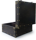 Large Wooden Decorative Storage Trunk - Wood Leather Treasure Chest Box Vintage 