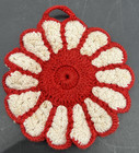 Crocheted Round Flower Red And White Potholder  hot Pad   Spoon Holder