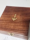 Vintage Square Wooden Brass Inlay Trinket Box  Nautical Marine Anchor Navy 