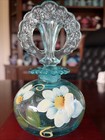 Lovely Fenton Glass Hand Painted    cooper Blue    Perfume Bottle W art Deco Stopper