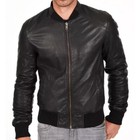 Mens Varsity Bomber Leather Jacket Winter Biker Real Soft Sheepskin Black