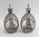 Pair Chinese Silver Overlay 3 Pinched Wall Glass Decanters Cherry Blossoms