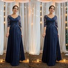 Mother Of The Bride Dresses Navy Blue V Neck 3 4 Sleeve Wedding Evening Gowns