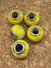 5 Glossy Round Glass Beads Yellow White Swirls Silver Tone Metal Core