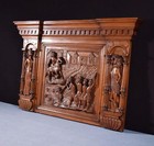 47  Wide Antique French Solid Oak Wood Panel crest Highly Carved Scenes