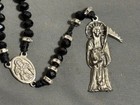 Santa Muerte Black Bead Silver Tone Rosary Holy Death Grim Reaper