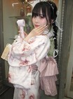 Two-piece Japanese Yukata 4pc Set Ivory Pink Watercolor Floral Dress Obi Bow New