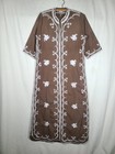 Vtg 60s Caftan Dress Border Embroidery Retro Cotton M L Maxi House Gown 70s