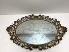 Vintage Vanity Mirror Tray Gold Heavy Brass Ornate Frame Hollywood Regency Oval