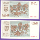 Lithuania Consecutive Numbers Pair 500 Talonu 1993 Unc Wolves 9918