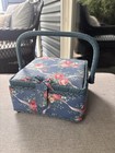 Vintage Woven Wicker Sewing Basket Box Tapestry Floral   Handle Satin Lined Blue