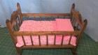 Vintage Baby Doll Rocking Cradle Wood 14 x10 x11  With Doll   Quilt
