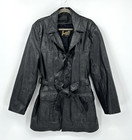 Vintage 70s Imperial Leather Jacket Belt Patch Pockets Big Collar Black M L