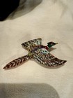 Vintage Wood Carved   Hand Painted Ring Neck Pheasant Brooch Pin Signed 