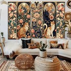 Boho Floral Cute Wall Tapestry For Bedroom - Orange And Black Cats -  39  X 60  