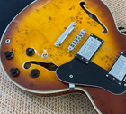 Vintage Sunburst Semi Hollow Electric Guitar Burl Maple Top Double F Holes Hh Pi