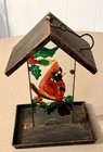 Vtg Glass Cardinal Bird Feeder Metal Roof Holly Berry Winter Garden Decor