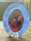 Mikasa Oval Picture Frame Blue Stripe  Clear Heavy Glass Vintage Crystal Ribbed