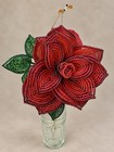 Pair Of Vintage French Beaded Flowers     Red Roses With Green Leaves     19    Tall