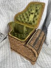 Antique Victorian Rattan Sewing Basket Tufted Satin Interior 1887 Piano Shape