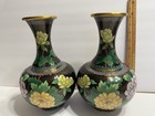 Pair Chinese Cloisonne Enamel Floral Peony Vases Black Ground 12    Decor