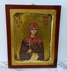 Greek Orthodox Hand Painted Icon On Wood - Female Saint Holding A Cross