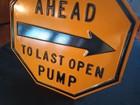 Vintage Porcelain Gas Station Embossed Metal Sign Pull Ahead To Last Open Pump 