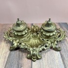 Antique Rococo Victorian 1800 s Cast Iron Double Inkwell Stand - Brass Finish